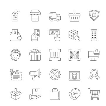Shopping and E-commerce, thin line icon set, vector illustration.
