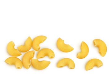 Naklejka premium raw macaroni pasta isolated on white background with clipping path and full depth of field. Top view with copy space for your text . Flat lay
