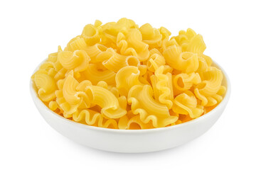 Pasta cornetti creste macaroni in bowl isolated on white background with clipping path and full depth of field