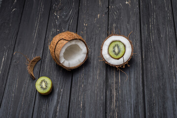 Coconut and kiwi on table