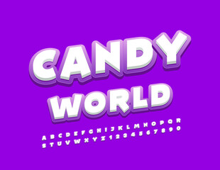 Vector bright emblem Candy World with White and Purple Font. Funny Alphabet Letters and Numbers set