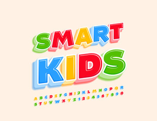 Vector colorful poster Smart Kids. 3D bright Font. Childish Alphabet Letters and Numbers set