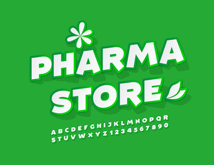 Vector green emblem Pharma Store with decorative elements. Sticker creative Font. Stylish Alphabet Letters and Numbers set