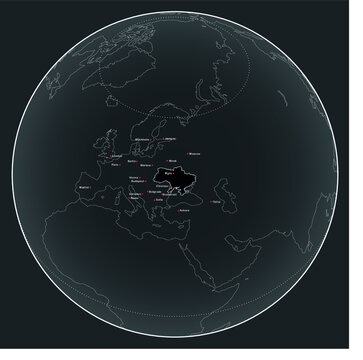 World map with Ukraine at the centre - vector with capital city names and polar circle and equator marked 