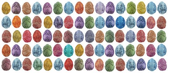 Background with many colored Easter eggs isolated on a white background.