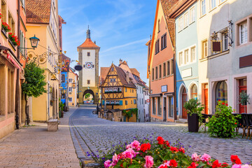 Rothenburg ob der Tauber, Bavaria, Germany. Medieval town of Rothenburg on a summer day. - obrazy, fototapety, plakaty