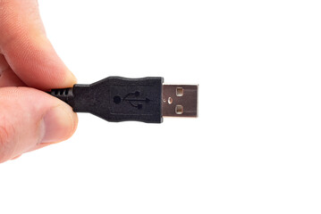 The man's hands hold the USB cable to connect to the adapter. USB cable on white background