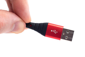 The man's hands hold the USB cable to connect to the adapter. USB cable on white background