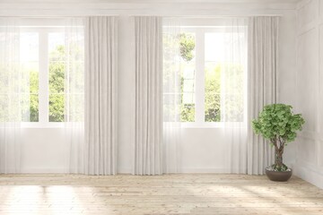 Fototapeta premium White empty room with summer landscape in window. Scandinavian interior design. 3D illustration
