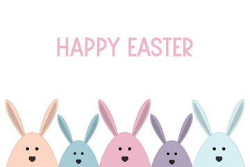 Concept of a greeting card with funny Easter bunnies. Vector