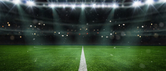 textured soccer game field with neon fog - center, midfield, 3D Illustration
