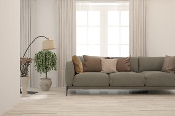 White living room with sofa. Scandinavian interior design. 3D illustration