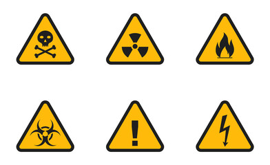 Set of triangular hazard warning signs. Set of triangle yellow warning icons. Warning label. Vector illustration