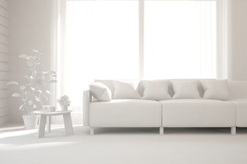 White minimalist living room with sofa. Scandinavian interior design. 3D illustration