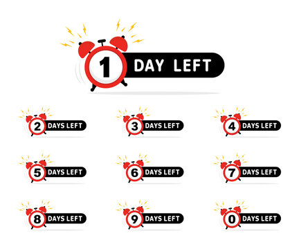 Days Left Badges and Stickers. Countdown of days 1,2,3,4,5,6,7,8,9,0. Sale time countdown. Offer timer, sticker limited to few days. Countdown banner of days to go. Vector illustration. Flat style