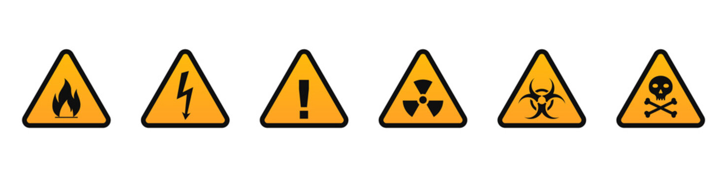 Set of triangular hazard warning signs. Set of triangle yellow warning icons. Warning label. Vector illustration