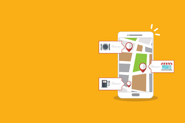 Store locator tracker app. Mobile gps navigation. Vector illustration.	