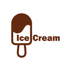Popsicle logo. Icono con texto Ice cream con silueta de helado con paleta de madera con líneas en color marrón