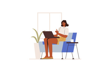Freelance working concept in flat design. Young girl works online at laptop while sitting in chair. Freelancer doing tasks from home. Vector illustration with isolated people scene for web banner