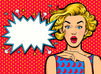 Pop Art Woman surprise showing product .Beautiful girl with curly hair pointing to on bubble . Presenting your product. Expressive facial expressions © lucky1984