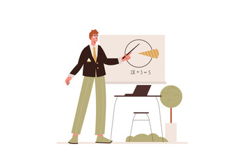 School teacher concept in flat design. Man teaching while stands by blackboard, pointing at geometric shape, explaining lesson in class. Vector illustration with isolated people scene for web banner