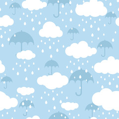 Fototapeta premium Seamless background with white clouds, raindrops and umbrella on blue sky. Overcast pattern. Cartoon rain weather wallpaper. Rainy day