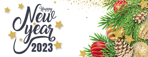 2023 Happy New Year in golden design, Holiday greeting card design