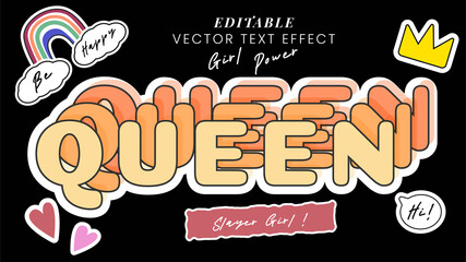 Queen Vintage design. text effect design, cute, 80 - 90's style vibes with patch. black background