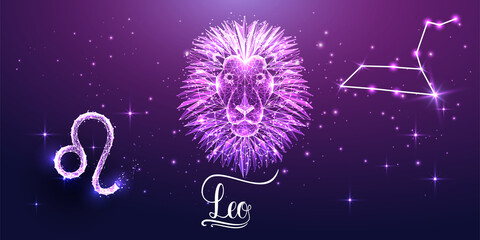 Futuristic Leo zodiac sign on dark purple background. Glowing low polygonal design vector. 