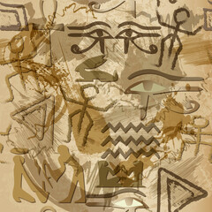 Egyptian old style dirty seamless pattern. African ethnic rough background with doodle painted peoples, scraped grunge symbols, signs. Worked women, men. Egyptian eyes, hieroglyphs, silhouettes