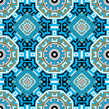 Beautiful greek seamless pattern. Repeat tribal abstract background. Greek key, meanders ethnic style colorful ornament. Geometric modern design in blue white black colors. Abstract flowers, shapes