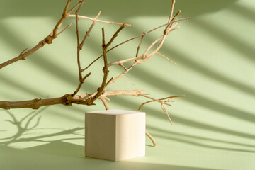 Wooden geometric 3d podium for product demonstration on green textured background. Square pedestal...