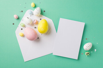 Top view photo of easter decorations white open envelope with confetti multicolored easter eggs and letter on isolated teal background with empty space
