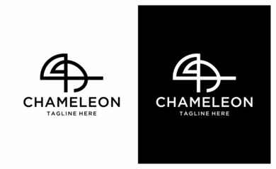 chameleon animal line logo design illustration. on a black and white background.