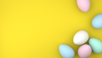 Colorful Easter eggs on yellow background. 3D rendering.