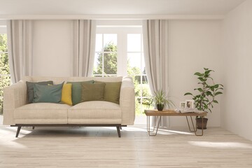 White living room with sofa and summer landscape in window. Scandinavian interior design. 3D illustration