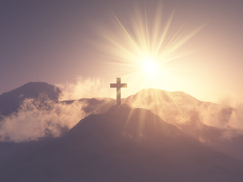 3D landscape with cross on hill - he is risen