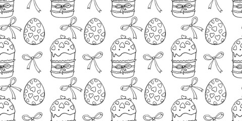 Vector seamless pattern with outline bows, Easter cakes and eggs. Spring holiday backgrounds and textures with traditional holiday food in cartoon doodle style