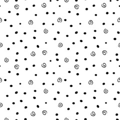 Vector seamless abstract pattern, spotted background of elements: random points drops spirals. Fun simple texture, backdrop in doodle style