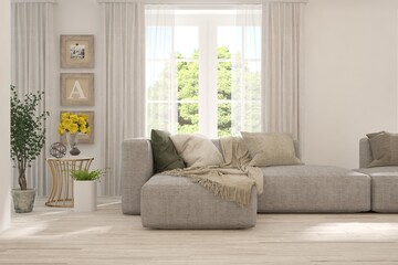 White living room with sofa and summer landscape in window. Scandinavian interior design. 3D illustration