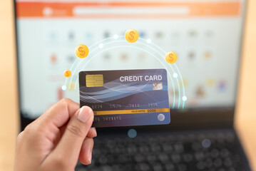 Woman holding credit card with icon show online shopping and payment process.