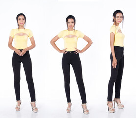 Fototapeta premium Collage group pack of full length body Asian Indian Arab Woman yellow shirt black hair pant stand