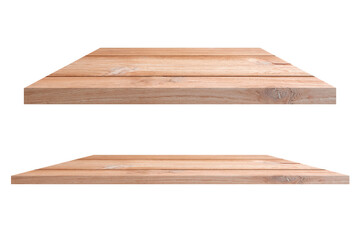 Collection of brown wooden shelves on isolated white background. for design exhibit and decorate scene for placing products. light brown tone