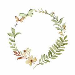 Watercolor wreath with green forest foliage and flowers.