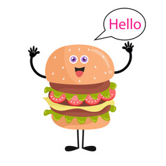 Cute burger cartoon with various activities