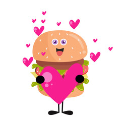 Cute burger cartoon with various activities