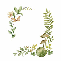 Naklejka premium Watercolor wreath with green forest foliage and flowers.