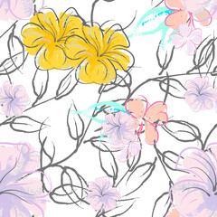 Pink Flowers Blooming Pattern. Pastel Watercolor.