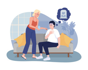 Fear of death 2D vector isolated illustration. Man has panic attack flat characters on cartoon background. Reassuring woman colourful scene for mobile, website, presentation. Bebas Neue font used.