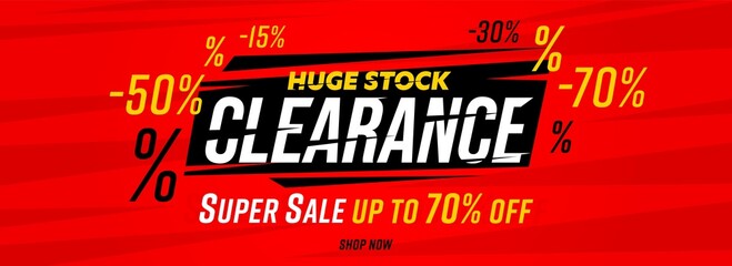 Huge stock clearance different value super sale web banner. Website header with special discount offer up to 15, 30 and 70 percent price off vector illustration. Business and marketing concept - obrazy, fototapety, plakaty